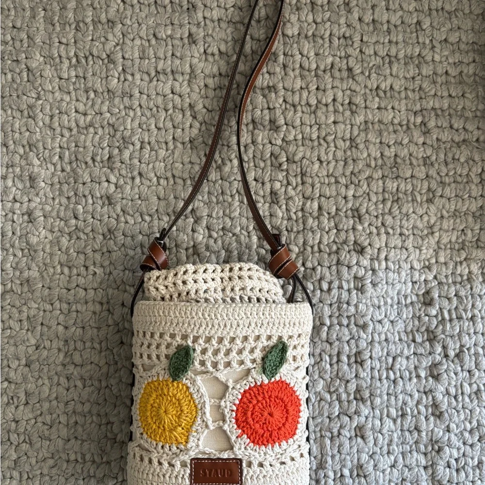 STAUD Cream Crochet Bucket Crossbody with Yellow and Red Fruit Motifs - Picture 2 of 12